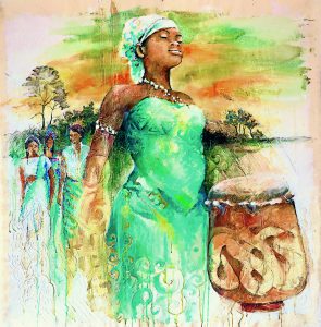 Titelbild zum Weltgebetstag 2018 (von der surinamischen Künstlerin Sri Irodikromo, beauftragt vom Weltgebetstag Deutschland). Bildtitel: "Gran tangi gi Mama Aisa (In gratitude to mother Earth)", Sri Irodikromo, © Weltgebetstag der Frauen – Deutsches Komitee e.V.