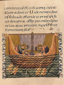 Die Seite „Sturm auf dem See Genezareth“ aus einem Perikopenbuch des 11. Jahrhunderts, jetzt in der Bayrischen Staatsbibliothek. Foto: Wolfgang Unger