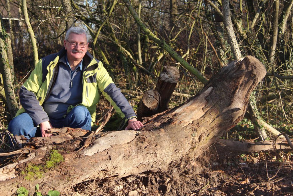 Organisator Reinhard Großkopf mit einem Totholzstamm, der an seinem Standort bleibt und in die ökologische Gestaltung integriert wird.Foto: Burkhard Battran 