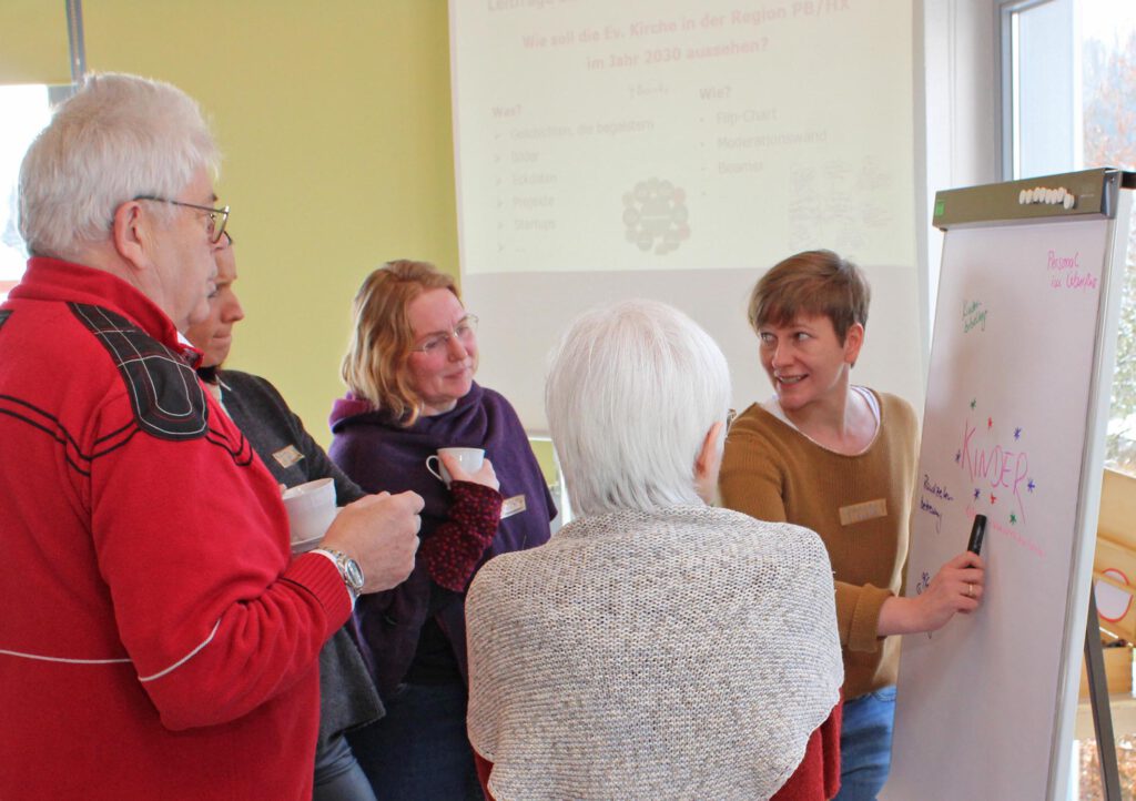 Dream-Team bei der Arbeit: Diese Gruppe entwickelt auf der Zukunftswerkstatt des Evangelischen Kirchenkreises Paderborn Wünsche und Ideen für ein Szenario mit dem Schwerpunkt Kinder.Foto: EKP/Oliver Claes 