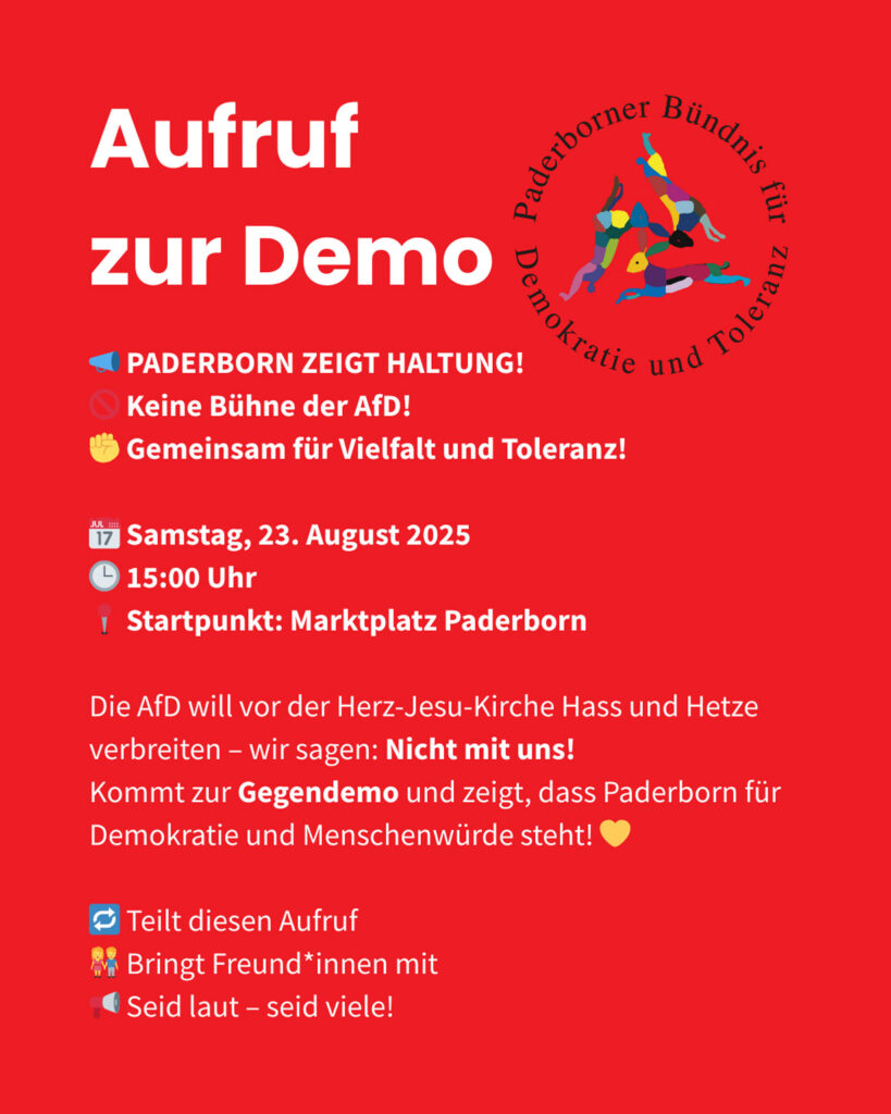 Aufruf zur Demonstration in Paderborn am 23. August 2025.