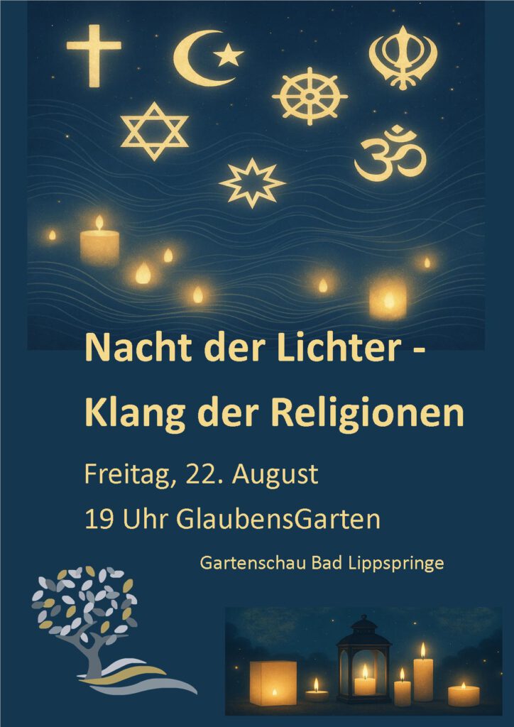 Plakat "Nacht der Lichter und Klang der Religionen" im Glaubensgarten in Bad Lippspringe.